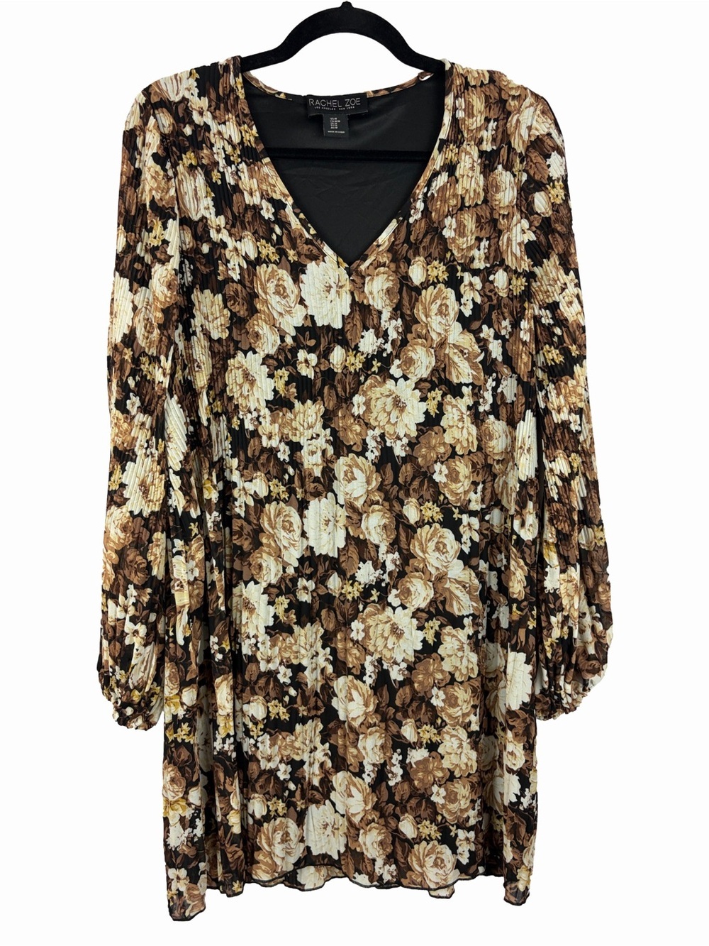 Rachel Zoe Pleated Floral Long Sleeve Mini Dress Brown Black Medium